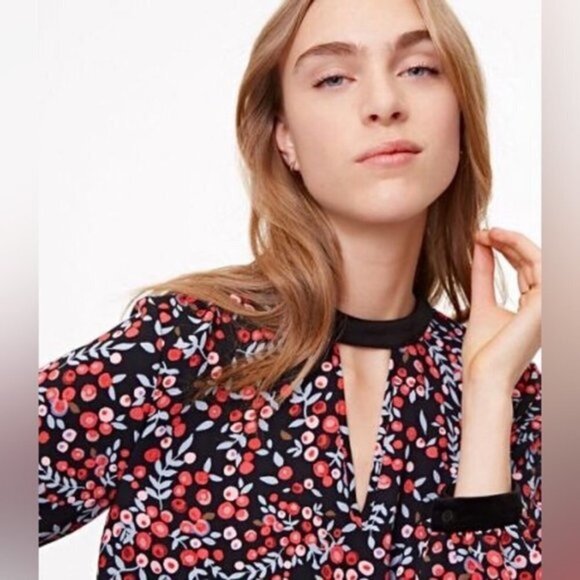 LOFT | Puffer Long Sleeve Floral Berry Keyhole XSP - Picture 4 of 15